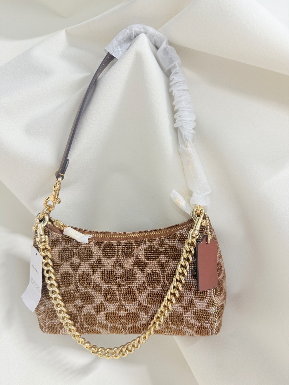 NWT Coach Teri Shoulder Bag In Signature Satin CET14 beaded signature/Gold/Tan